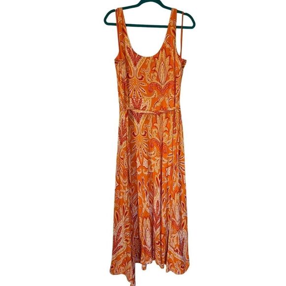Loft Paisley Tie Waist Midi Dress Sleeveless Calypso Orange, Spring Beachy | L - Picture 7 of 14